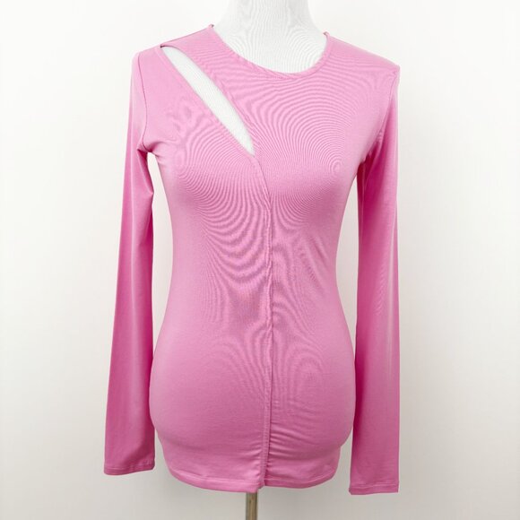 Marcella Seta Top Size S Pink Long Sleeve Asymmetric Cutout Crewneck Fitted - Picture 2 of 6